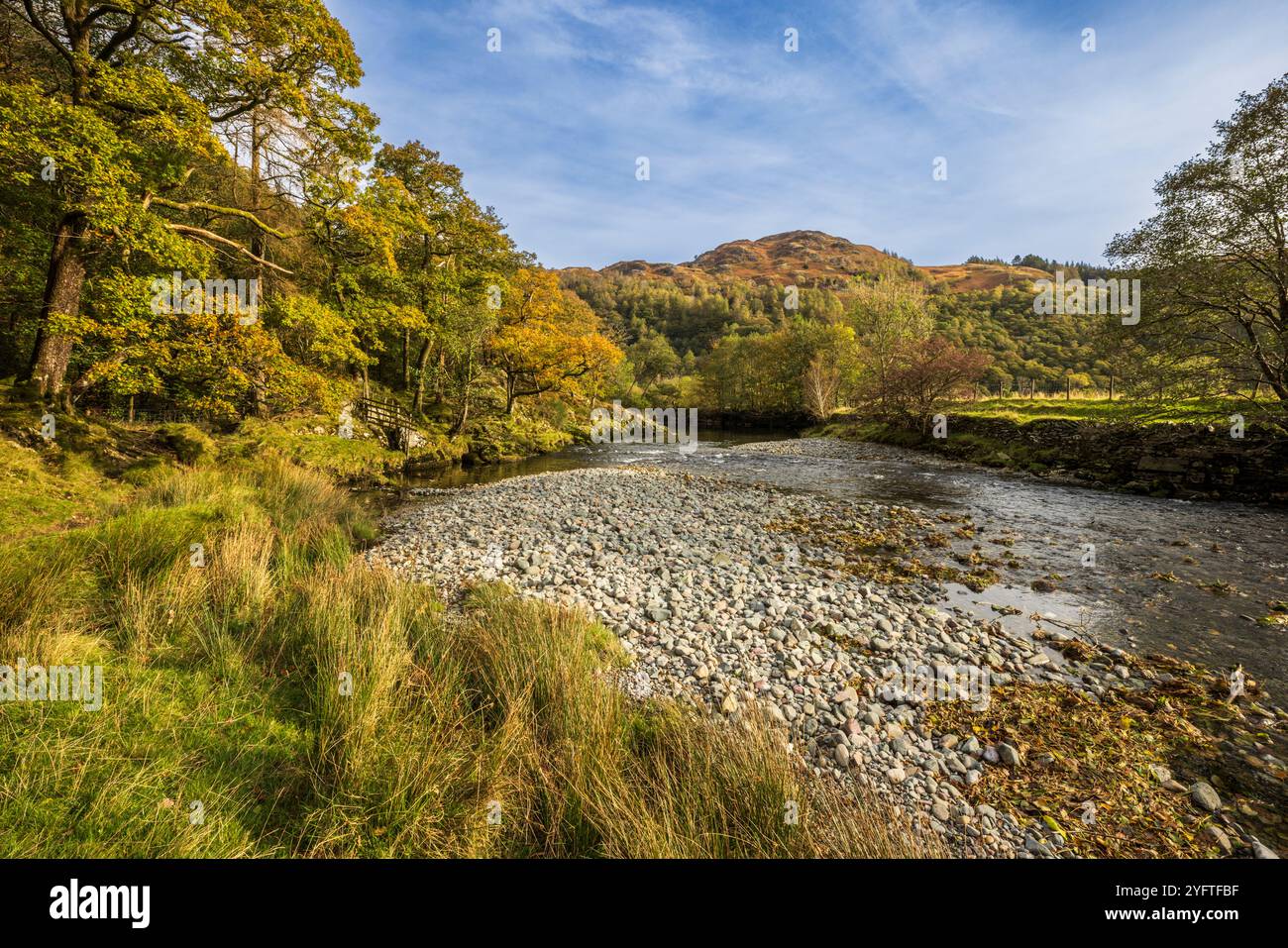 Il fiume Derwent scorre attraverso Borrowdale, Lake District, Cumbria, Inghilterra Foto Stock