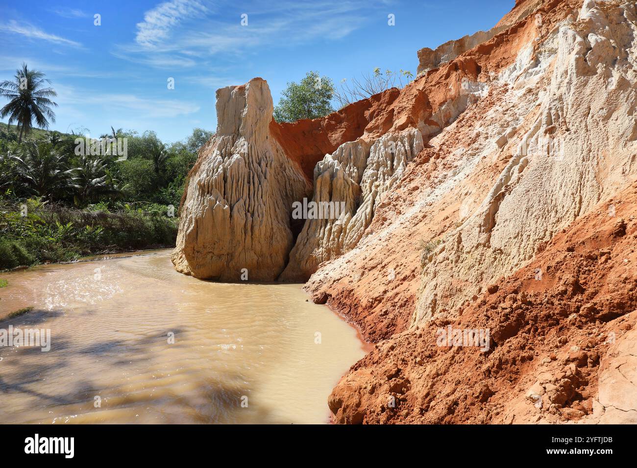 Vista sul torrente delle fate (sui Tien): Sabbia da un lato, palme verdi e da cocco dall'altro. MUI ne, Vietnam Foto Stock