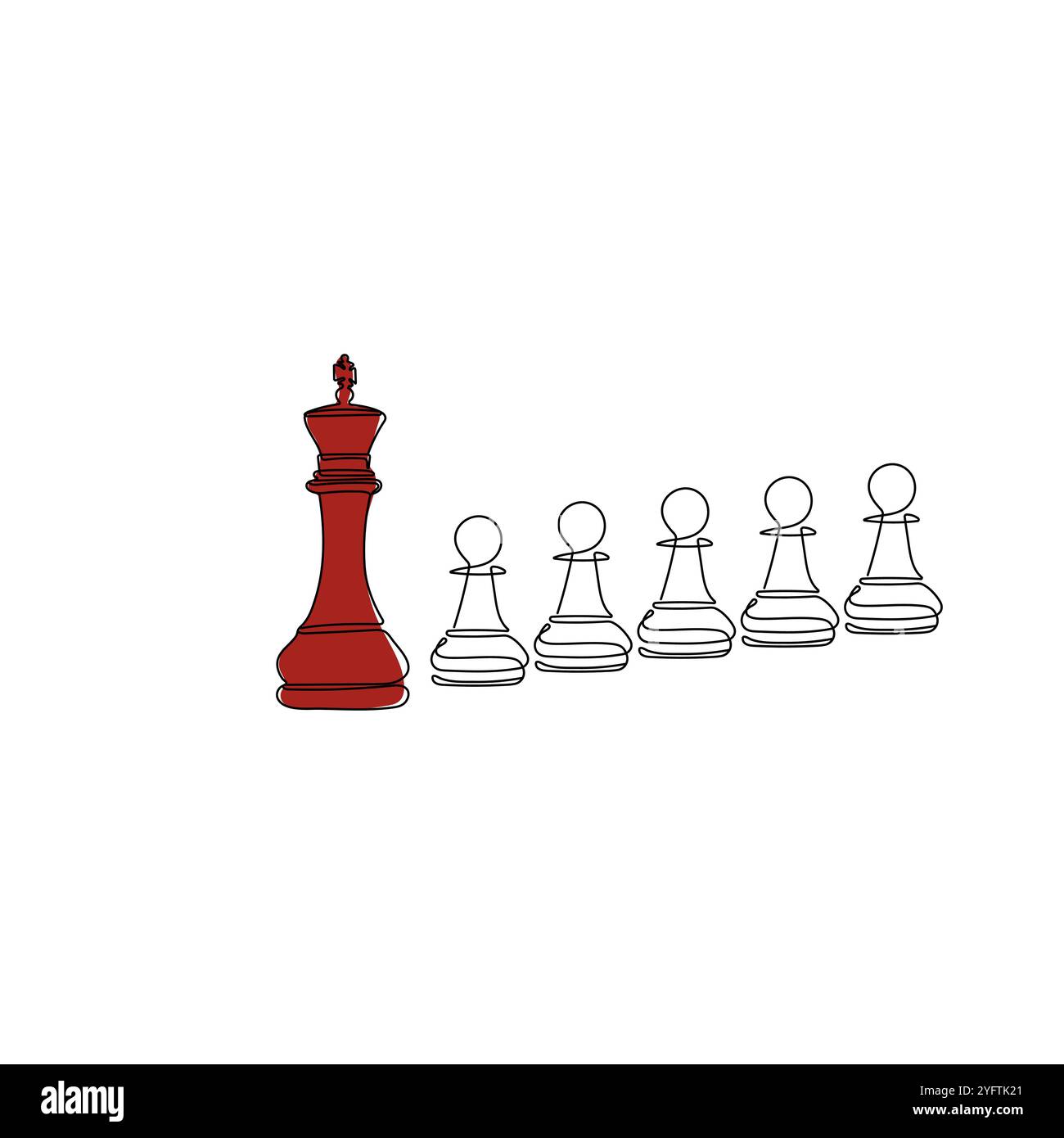 Re e pedone, pezzi di scacchi. Figura a scacchi in uno stile di disegno a linea continua. Gestione, concetto di leadership. Illustrazione vettoriale disegnata a mano. Illustrazione Vettoriale