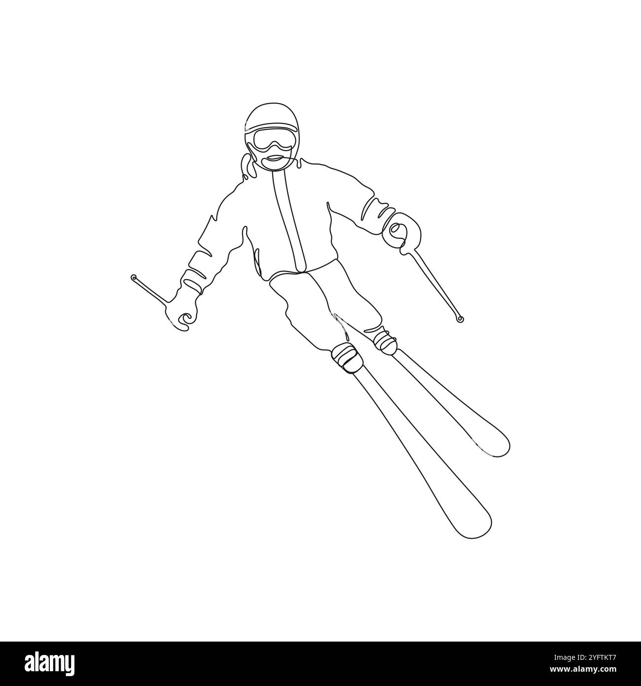 Sciatore, sciare in un disegno d'arte su una linea. Discesa dalla montagna. Sport invernali e turismo. Illustrazione vettoriale disegnata a mano. Illustrazione Vettoriale