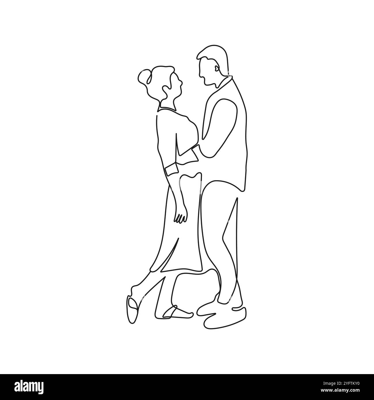 Romantico, abbracciante coppia in piedi faccia a faccia. Arte su una linea. L'uomo e la donna innamorati vogliono baciarsi. Illustrazione vettoriale Illustrazione Vettoriale