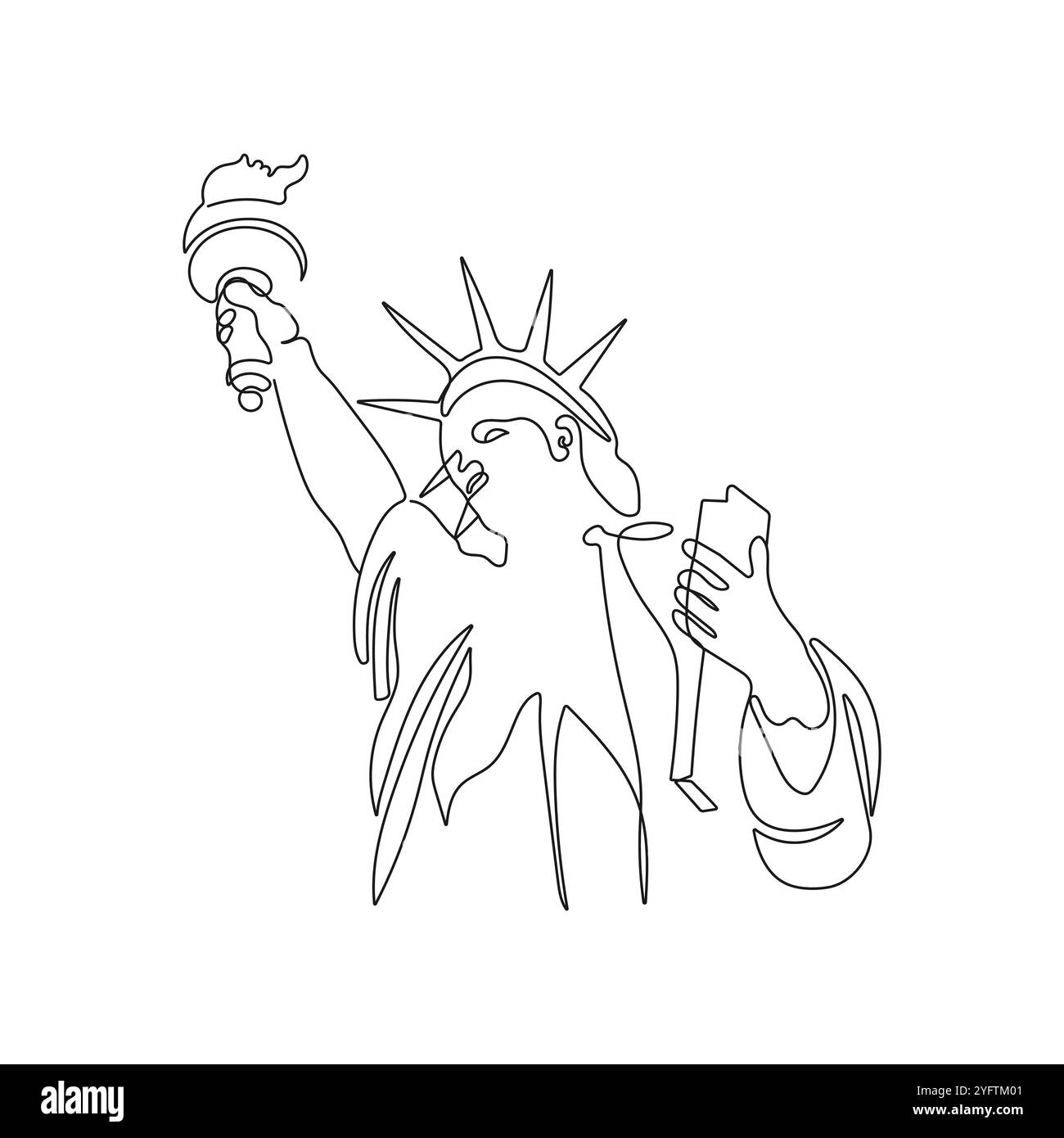 Simbolo americano, Statua della libertà. Punto di riferimento della città di New York. Arte su una linea. Illustrazione vettoriale disegnata a mano. Illustrazione Vettoriale