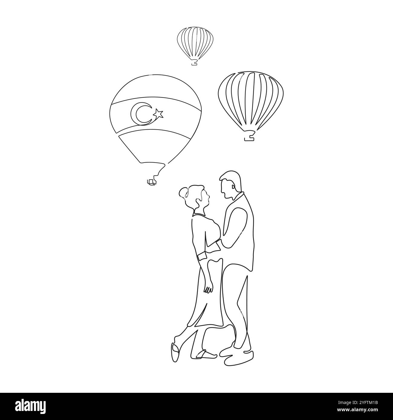 Romantico, abbracciante coppia in piedi faccia a faccia. Palloncini ad aria calda sullo sfondo. Cappadocia, Turchia. Arte su una linea. Illustrazione vettoriale. Illustrazione Vettoriale