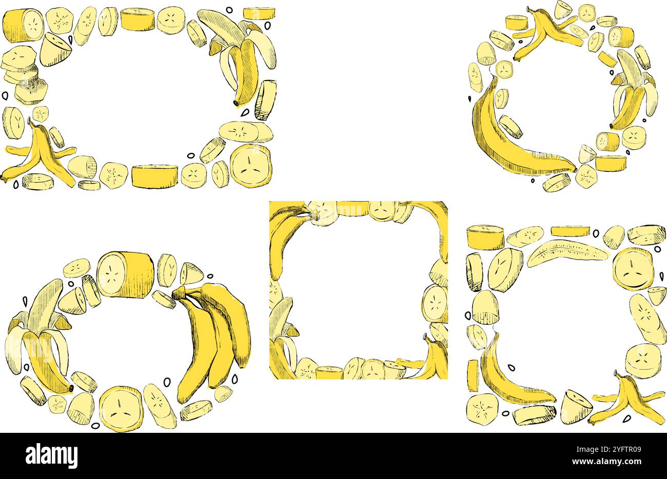 Set di cornici di banane gialle tropicali. collezione di cartoni animati vettoriali per inviti a matrimoni, modello di brochure, menu del ristorante Illustrazione Vettoriale
