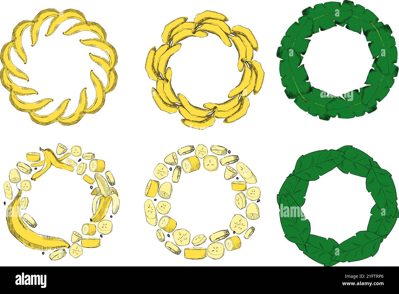 Set cornice bordo frutta banana. Illustrazione acquerello isolata su sfondo trasparente. Immagini di banane per etichette, stampe, striscioni, wedd tropicale Illustrazione Vettoriale