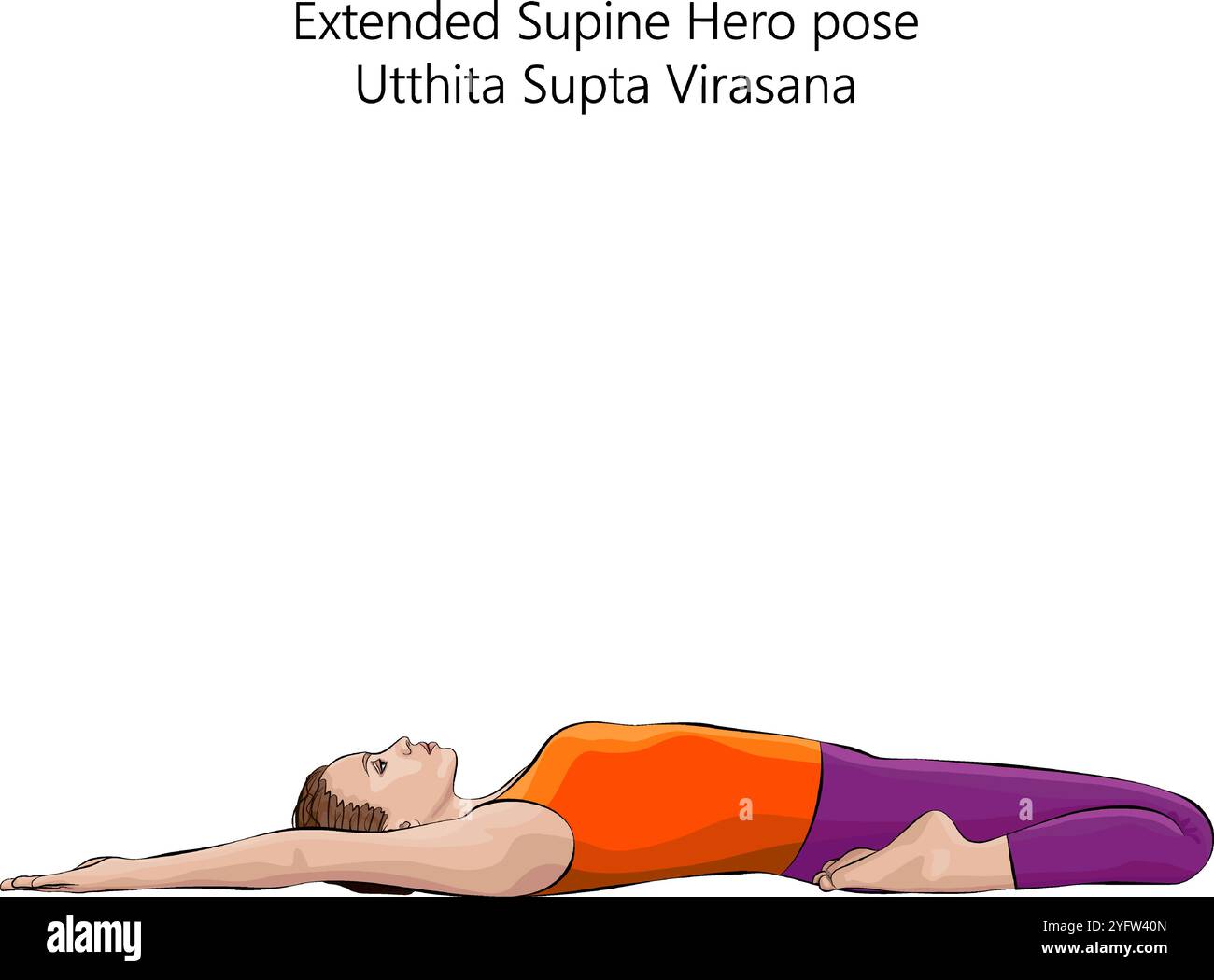 Giovane donna che pratica Utthita Supta Virasana yoga pose. Posa dell'eroe supino estesa. Difficoltà intermedia. Illustrazione vettoriale isolata. Illustrazione Vettoriale