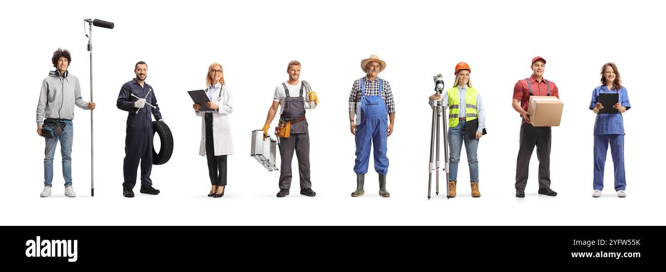 Persone e professioni diverse isolate su sfondo bianco Foto Stock
