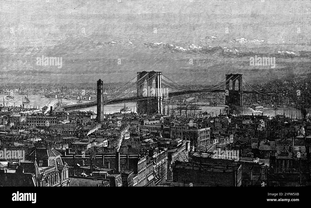 Una vista panoramica del Ponte di Brooklyn dal lato di New York, di William C. Conant per Harper's Magazine (c1883). Da un diario di viaggio degli Stati Uniti d'America del XIX secolo, pubblicato nel 1891, questa è una fotografia di una serie di incisioni (molte di Edward Whymper) utilizzate per illustrare aspetti della storia sociale, dell'architettura, della topografia e della geografia degli Stati Uniti. Foto Stock