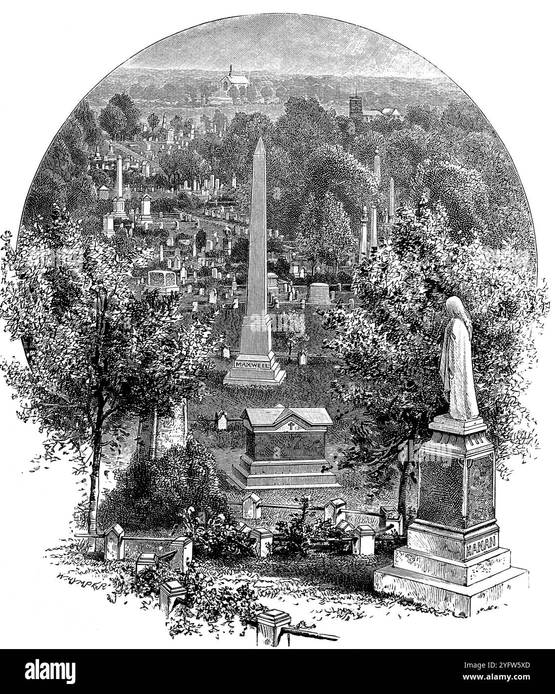 Il pittoresco cimitero di Greenwood a New York. Da un diario di viaggio degli Stati Uniti d'America del XIX secolo, pubblicato nel 1891, questa è una fotografia di una serie di incisioni (molte di Edward Whymper) utilizzate per illustrare aspetti della storia sociale, dell'architettura, della topografia e della geografia degli Stati Uniti. Foto Stock
