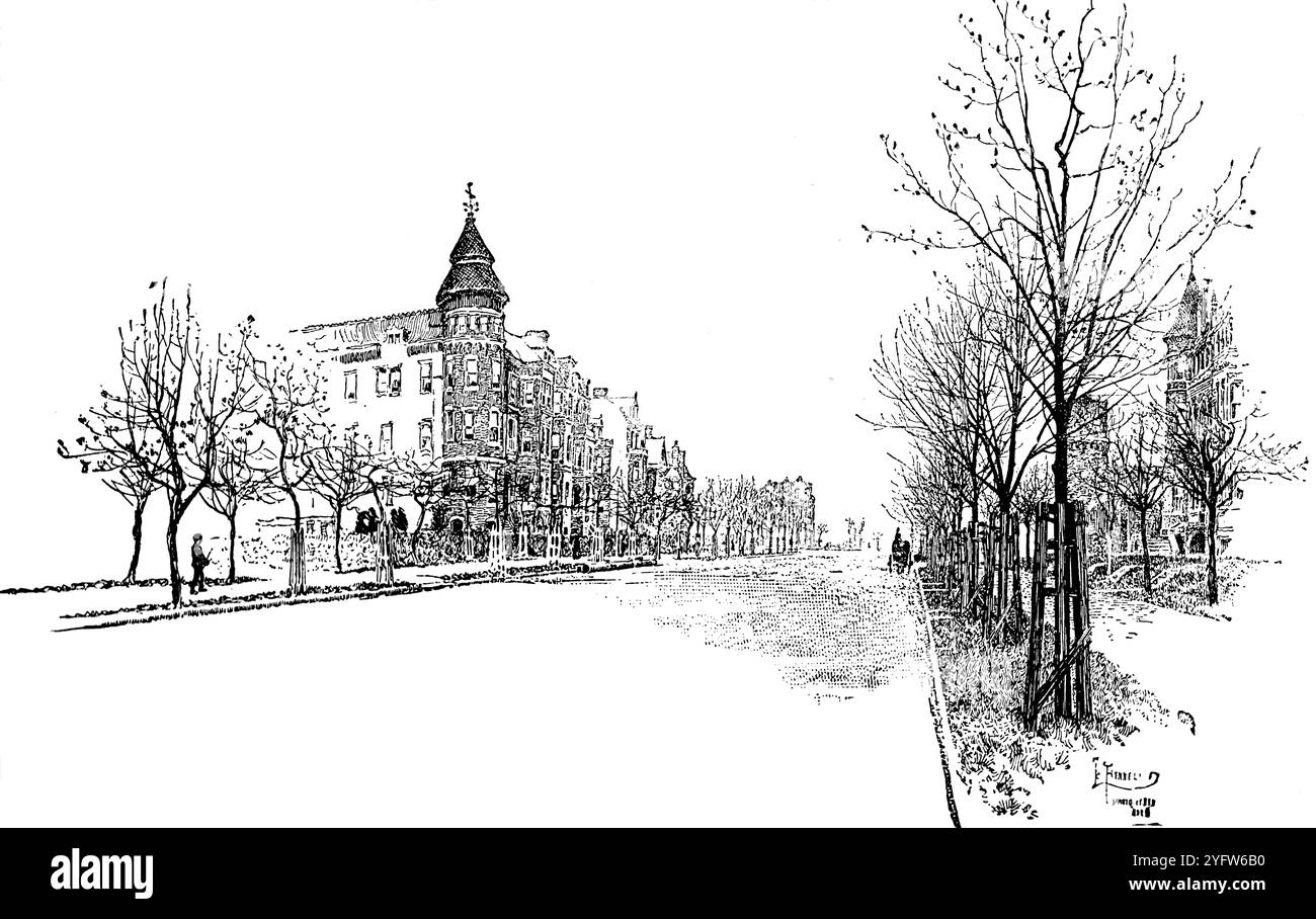 Massachusetts Avenue a Washington D.C. da un diario di viaggio degli Stati Uniti d'America del XIX secolo, pubblicato nel 1891, questa è una fotografia di una delle numerose incisioni (molte di Edward Whymper) utilizzate per illustrare aspetti della storia sociale, dell'architettura, della topografia e della geografia degli Stati Uniti. Foto Stock