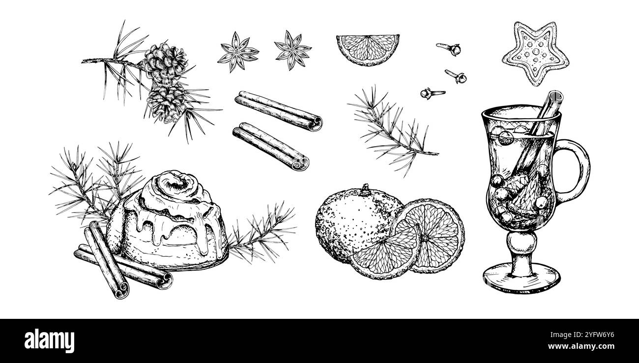 Illustrazione vettoriale disegnata a mano di elementi natalizi e natalizi, con un bicchiere di VIN brulé, involtino alla cannella, spezie, rami di pino e arancia Illustrazione Vettoriale