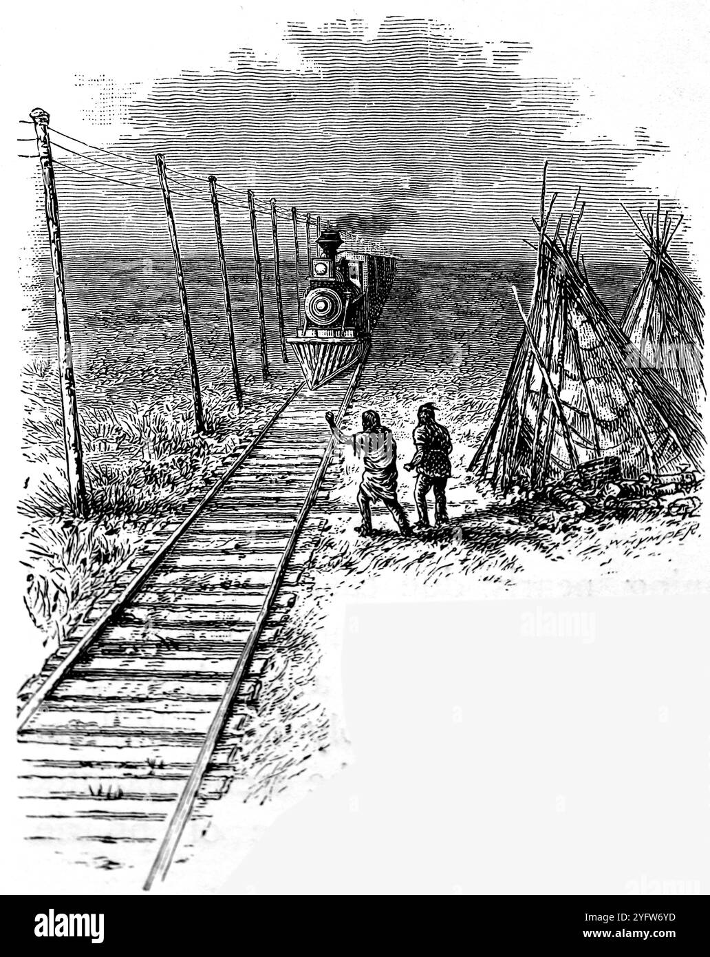 Un treno che viaggia tra Chicago, Illinois, e Denver, Colorado. Da un diario di viaggio degli Stati Uniti d'America del XIX secolo, pubblicato nel 1891, questa è una fotografia di una serie di incisioni (molte di Edward Whymper) utilizzate per illustrare aspetti della storia sociale, dell'architettura, della topografia e della geografia degli Stati Uniti. Foto Stock