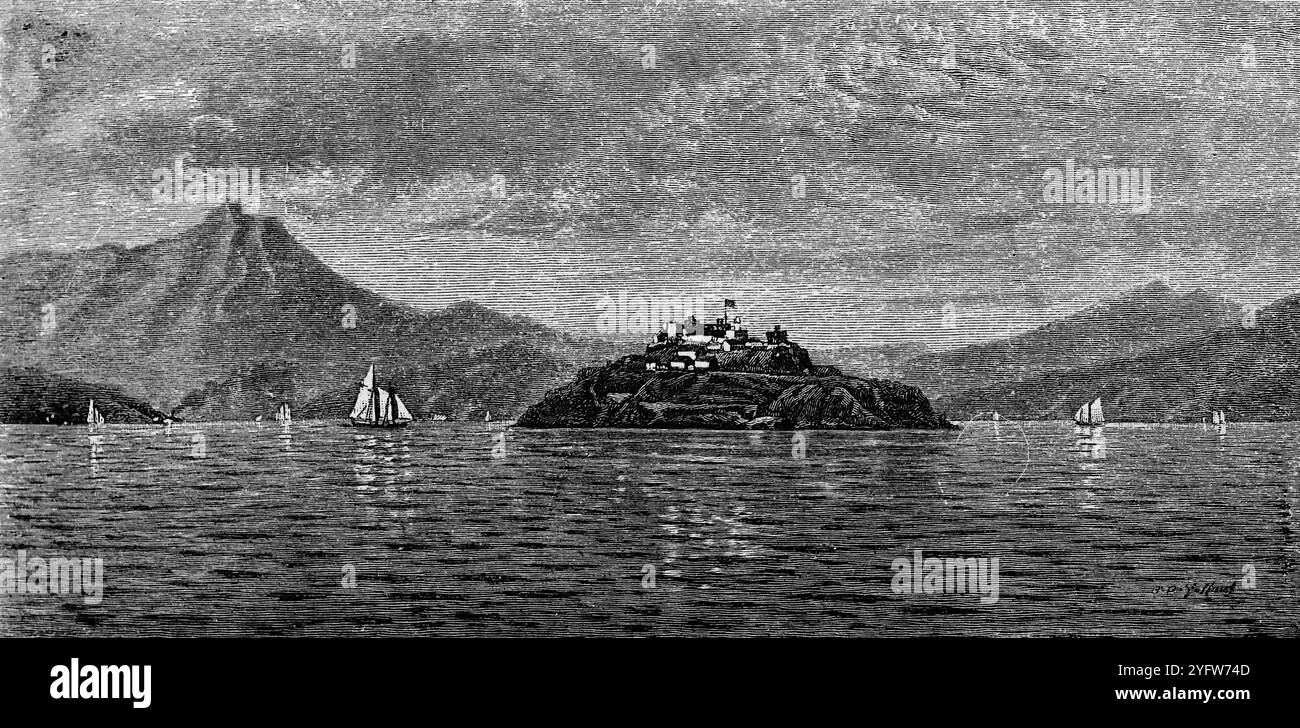 San Francisco Bay e Alcatraz Island, California, originariamente pubblicati su Harper's Magazine. Da un diario di viaggio degli Stati Uniti d'America del XIX secolo, pubblicato nel 1891, questa è una fotografia di una serie di incisioni (molte di Edward Whymper) utilizzate per illustrare aspetti della storia sociale, dell'architettura, della topografia e della geografia degli Stati Uniti. Foto Stock