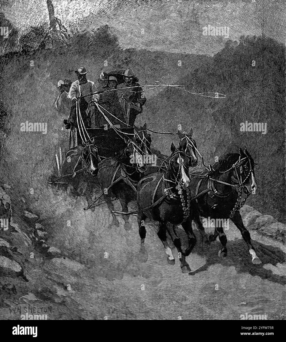 Entrando nella Yosemite Valley, California, da un dipinto dell'artista americano William Henry Shelton e che mostra una carrozza trainata da cavalli. Da un diario di viaggio degli Stati Uniti d'America del XIX secolo, pubblicato nel 1891, questa è una fotografia di una serie di incisioni (molte di Edward Whymper) utilizzate per illustrare aspetti della storia sociale, dell'architettura, della topografia e della geografia degli Stati Uniti. Foto Stock
