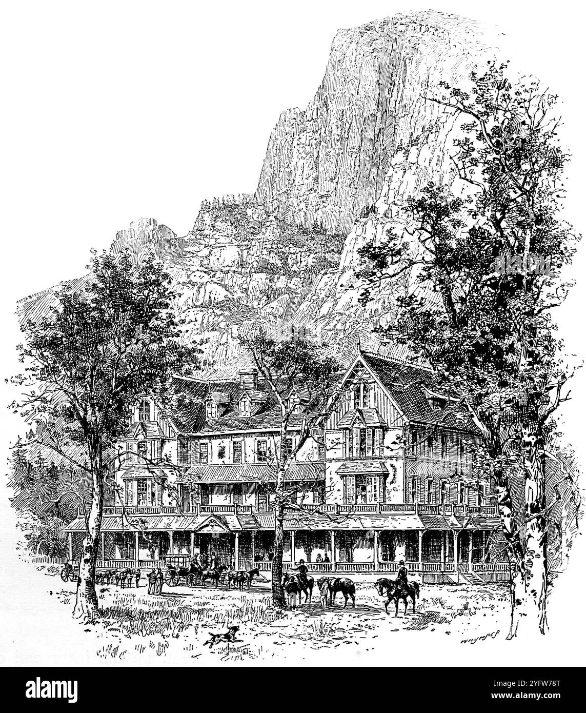 The Stoneman House nella Yosemite Valley, California, un hotel, da una fotografia di Taber di San Francisco. Da un diario di viaggio degli Stati Uniti d'America del XIX secolo, pubblicato nel 1891, questa è una fotografia di una serie di incisioni (molte di Edward Whymper) utilizzate per illustrare aspetti della storia sociale, dell'architettura, della topografia e della geografia degli Stati Uniti. Foto Stock