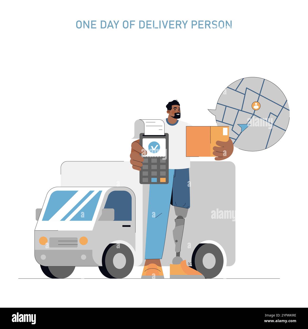 Concetto di persona di consegna. Un corriere controlla un indirizzo su una mappa GPS, tenendo un pacco vicino al suo furgone. Flusso di lavoro efficiente per la consegna dei pacchi. Illustrazione vettoriale. Illustrazione Vettoriale