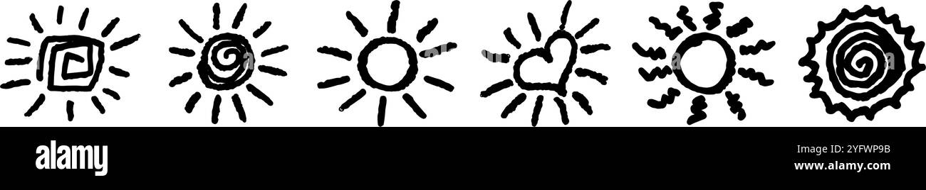 Un set di divertimento come il bambino che disegna il sole nero. Collezione dipinta con pastelli pastello o icone assolate a cera. Simboli del cielo estivo. Consistenza grezza del gesso Illustrazione Vettoriale