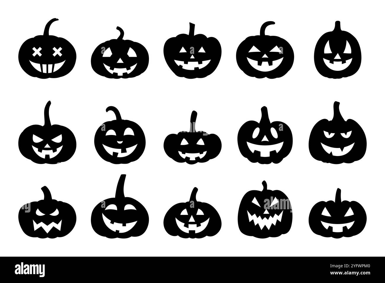 Collezione Vector Cartoon Pumpkins silhouette con volti scolpiti. Set di adesivi per zucca piatta e colorata. Modelli di design per Halloween, autunno, raccolto Illustrazione Vettoriale