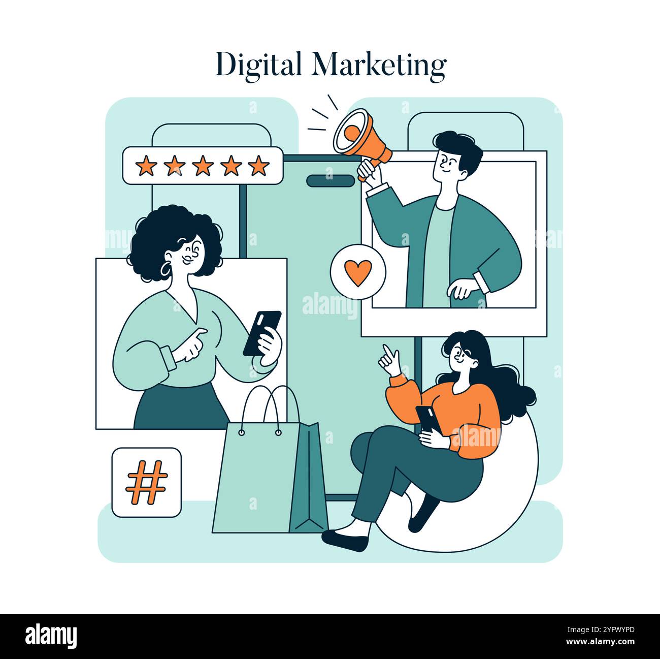 Concetto Small Business Saturday. I consumatori fanno acquisti in loco mentre le aziende promuovono le trattative attraverso il marketing digitale. Sostenere l'economia locale. Illustrazione vettoriale. Illustrazione Vettoriale