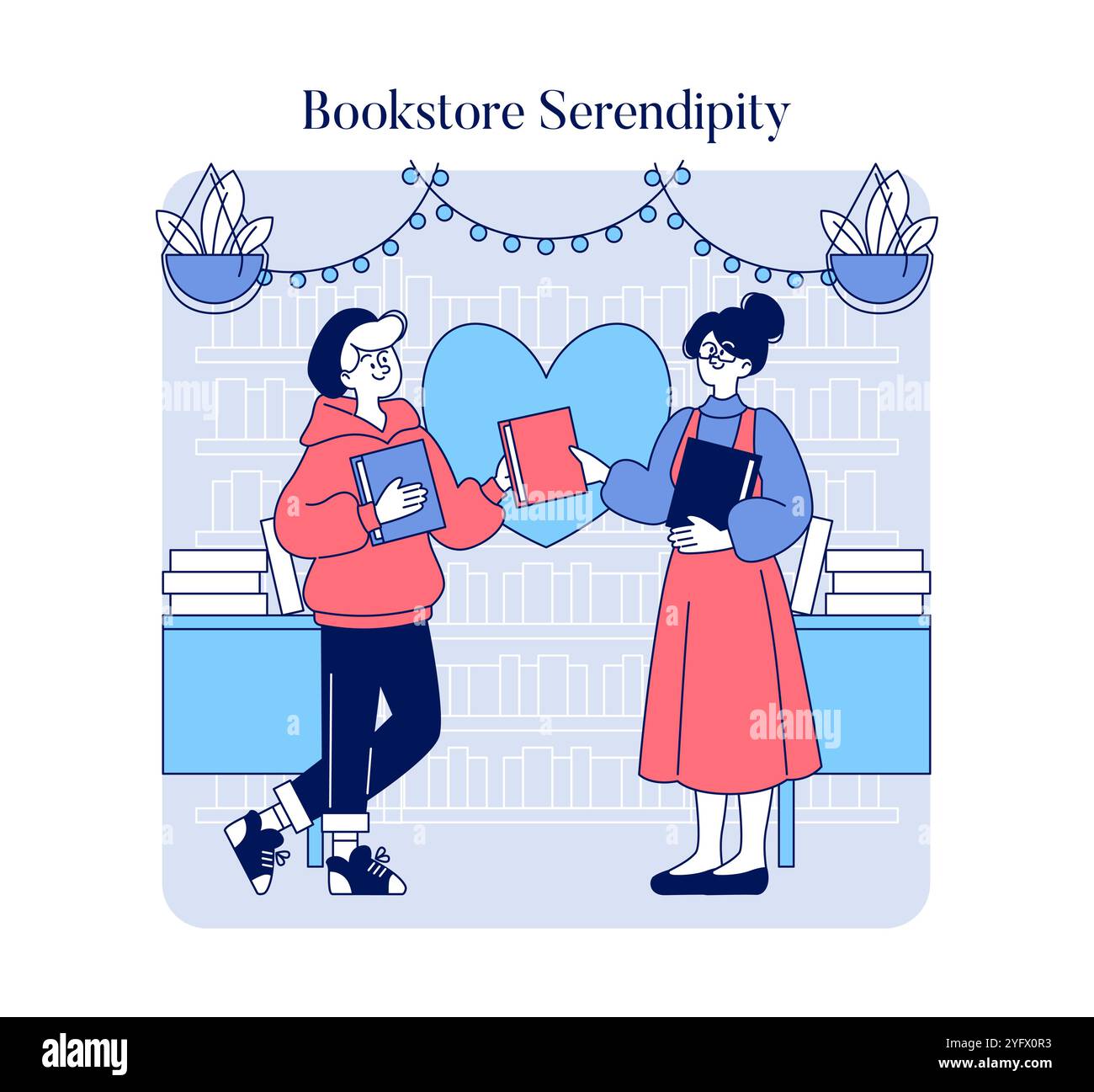 In un'accogliente libreria, due appassionati di libri condividono piacevolmente le loro letture preferite Illustrazione Vettoriale