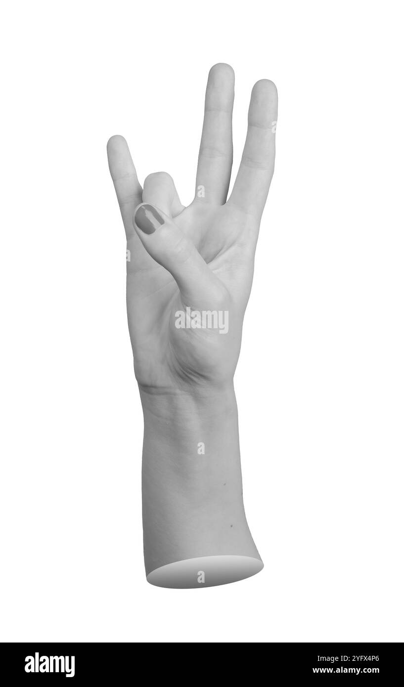 gesto della mano con il pollice che tiene premuto il dito dell'anello, il numero 7 nella lingua dei segni, isolato su uno sfondo bianco. Foto Stock