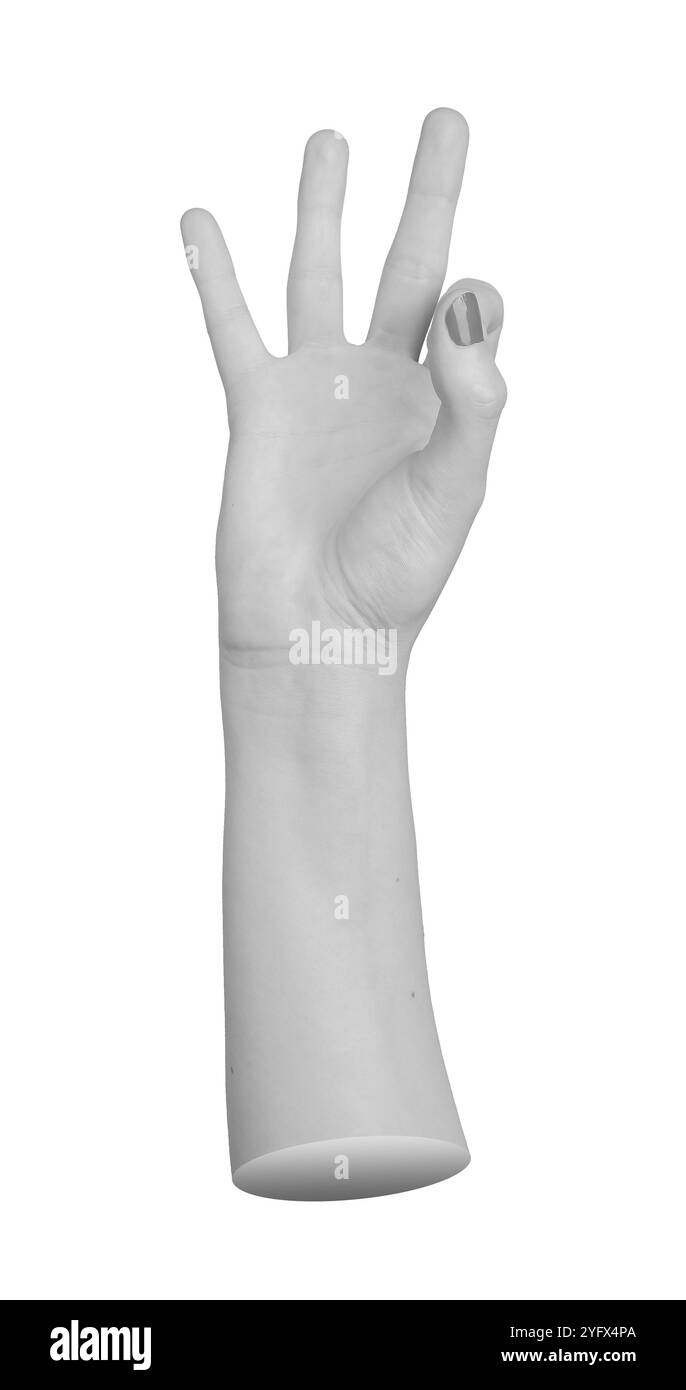 gesto della mano con il pollice che tiene premuto il dito indice, il numero 9 nel linguaggio dei segni, isolato su uno sfondo bianco. Foto Stock