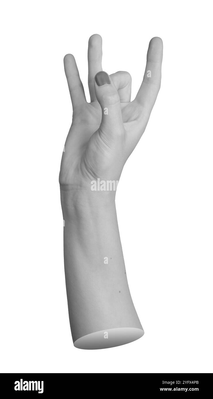 gesto della mano con il pollice che tiene premuto il dito medio, il numero 8 otto nel linguaggio dei segni, isolato su uno sfondo bianco. Foto Stock