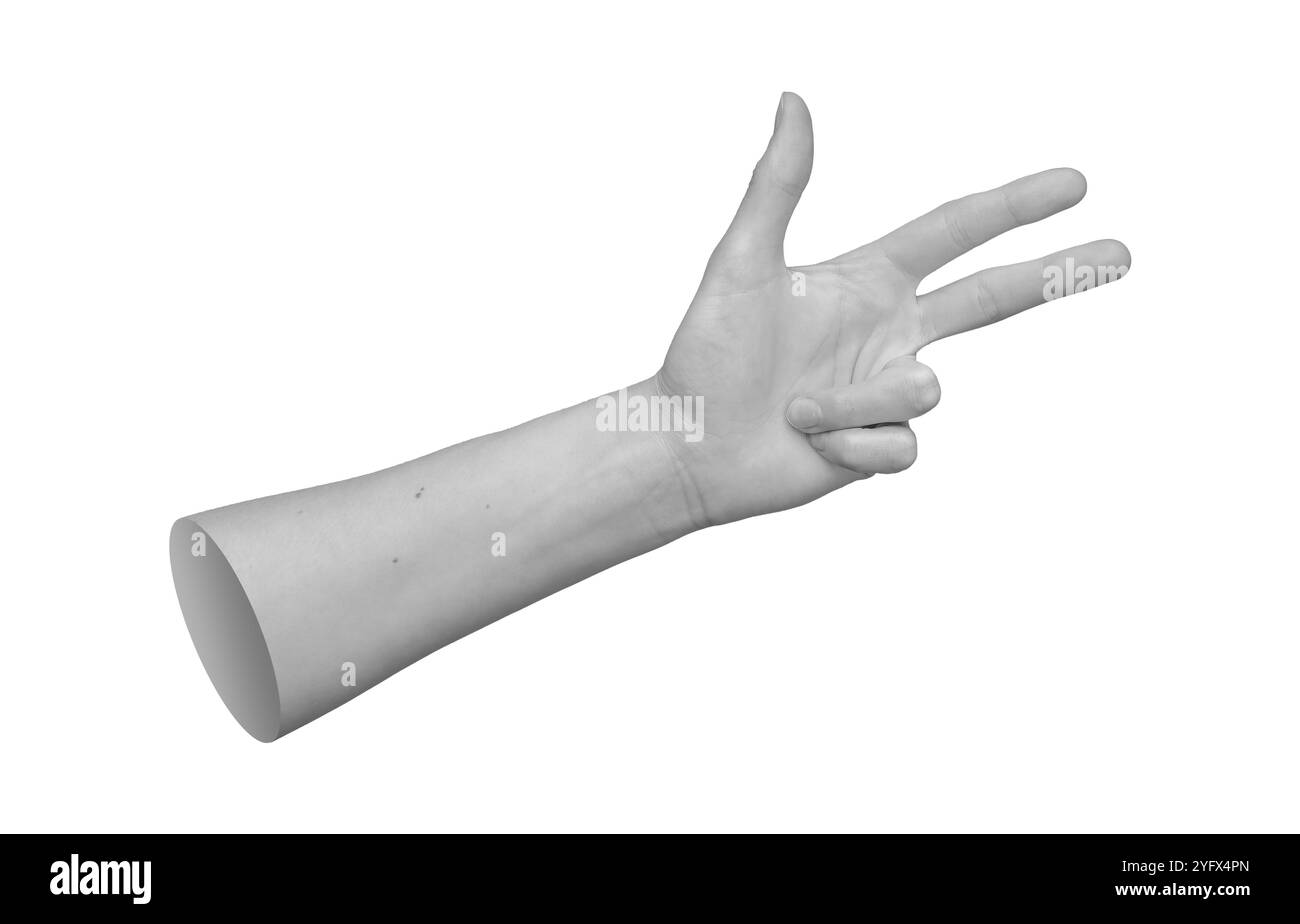 mano che mostra tre dita. Un gesto isolato e vuoto che simboleggia qualcosa di astratto. Espressione divertente e non verbale. Spazio libero... Foto Stock