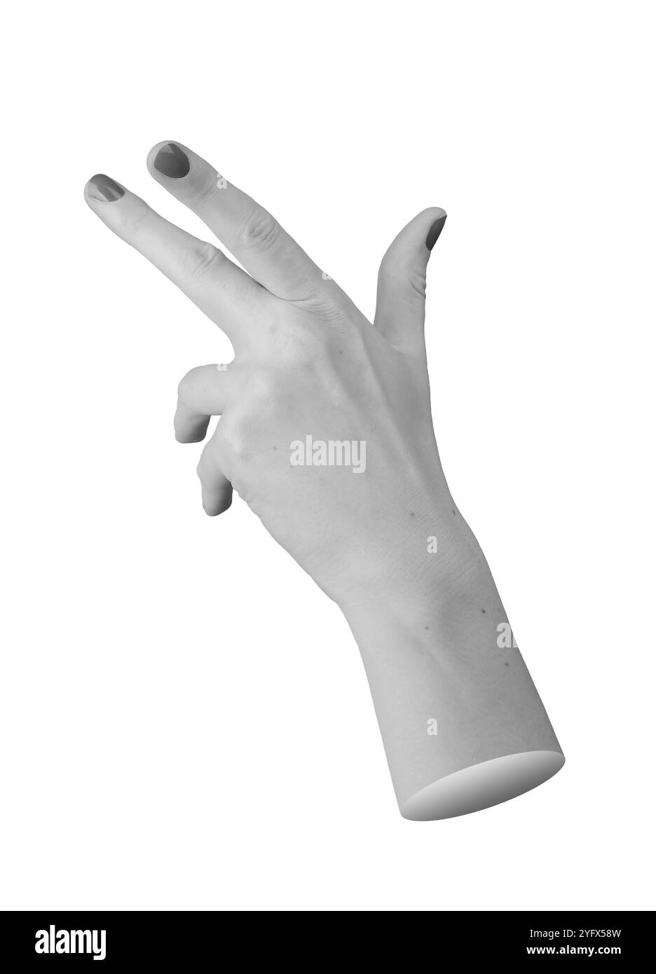 mano femminile in un gesto astratto con le dita posizionate in una formazione unica. L'indice e il nottolino intermedio sono estesi a forma di V, isolata Foto Stock