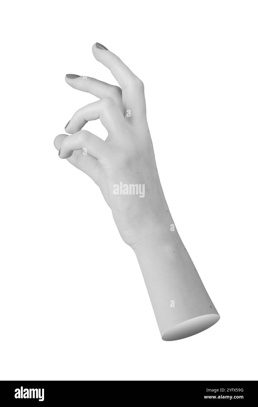 mano femminile in un gesto astratto, con le dita posizionate in posizioni diverse, creando una forma espressiva ma indefinita isolata su uno sfondo bianco Foto Stock