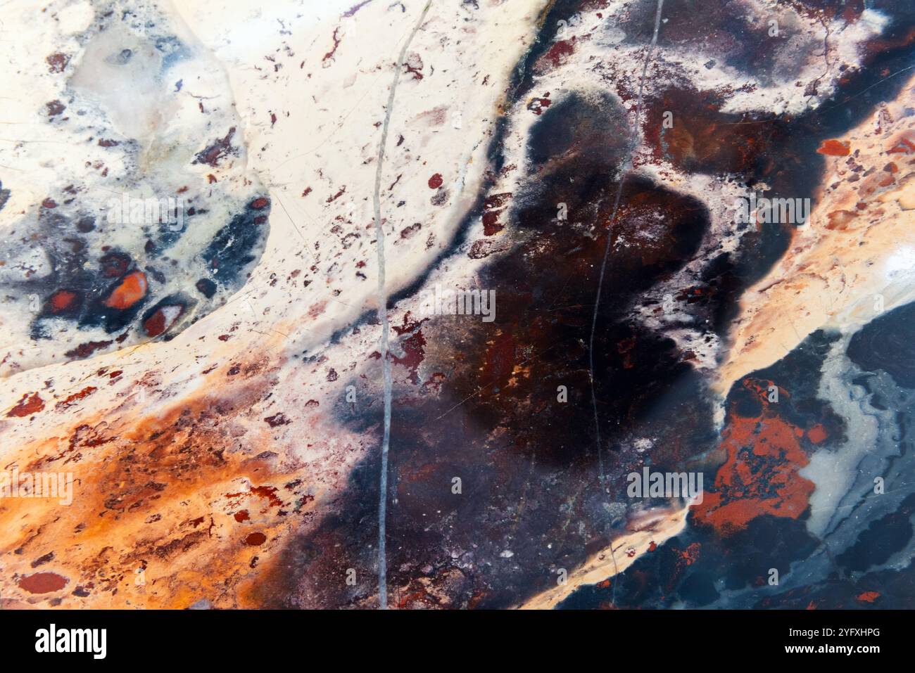 Orsk jasper, campione lucido con colorato motivo minerale. Texture foto di sfondo Foto Stock