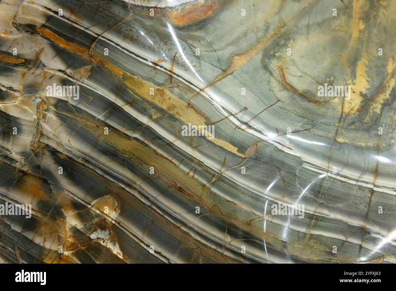 Jasper, campione lucidato di minerale verde con strisce gialle e bianche. Texture foto di sfondo Foto Stock