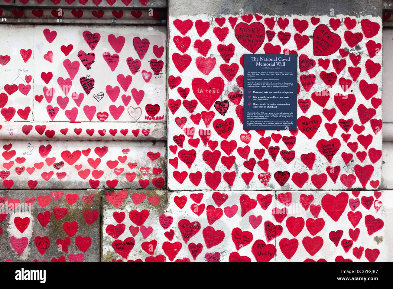 National Covid Memorial Wall, Albert Embankment, sulla sponda sud del Tamigi, di fronte alla Houses of Parliament, Londra, Regno Unito Foto Stock