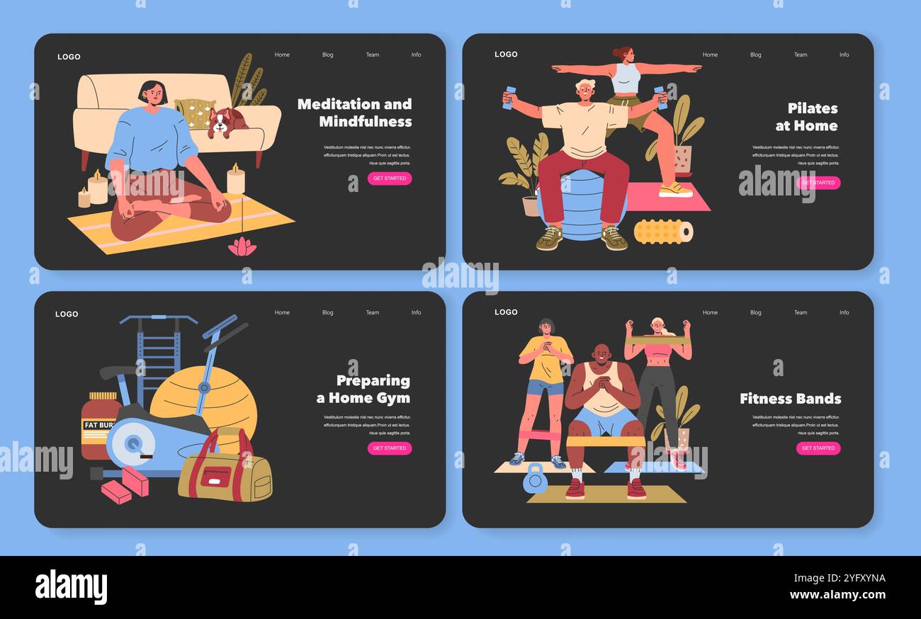 Esplora una varietà di routine di fitness e pratiche di consapevolezza che contribuiscono a mantenere uno stile di vita sano Illustrazione Vettoriale