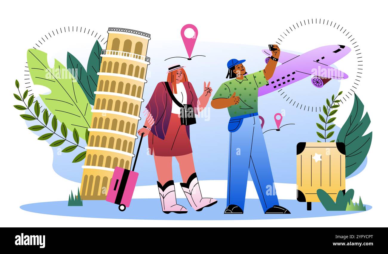 Turista con guida. L'uomo mostra attrazioni italiane femminili. Gruppo di turisti vicino alla Torre Pendente di Pisa. Vacanze e vacanze. Viaggi e viaggi. Vettore piatto Illustrazione Vettoriale