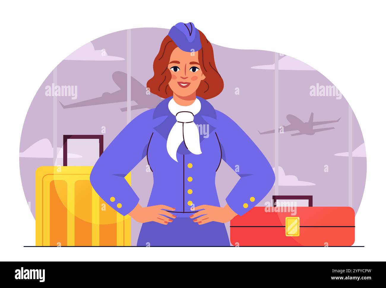 Hostess in aeroporto. Donna in uniforme con valigia rossa e gialla. Aerei e aerei. Equipaggio di aerei. Operaio della compagnia aerea. Viaggi e turismo, voli Illustrazione Vettoriale