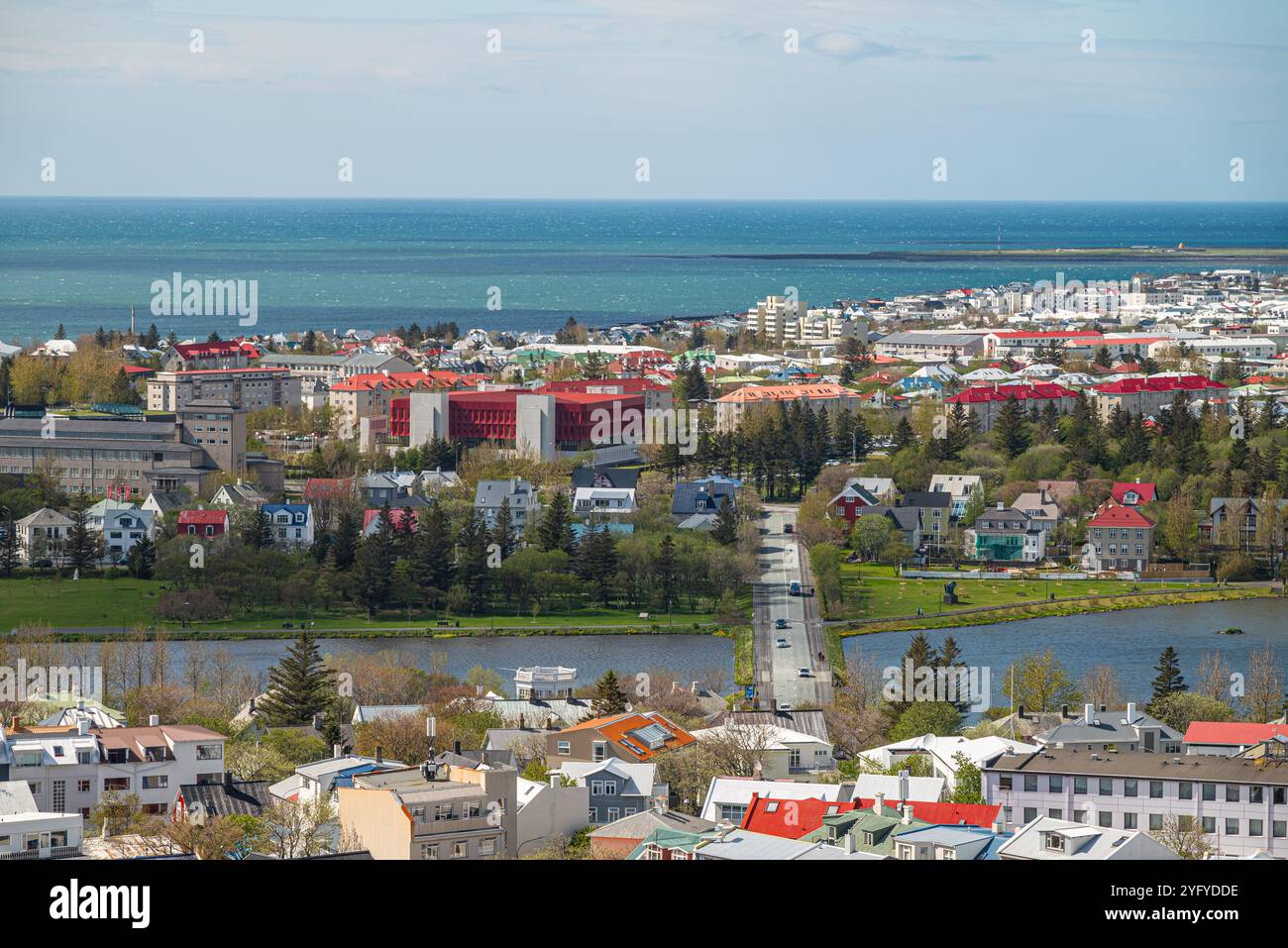 Ammira la città di Reykjavik in Islanda dalla torre della chiesa di Hallgrimskirkja Foto Stock