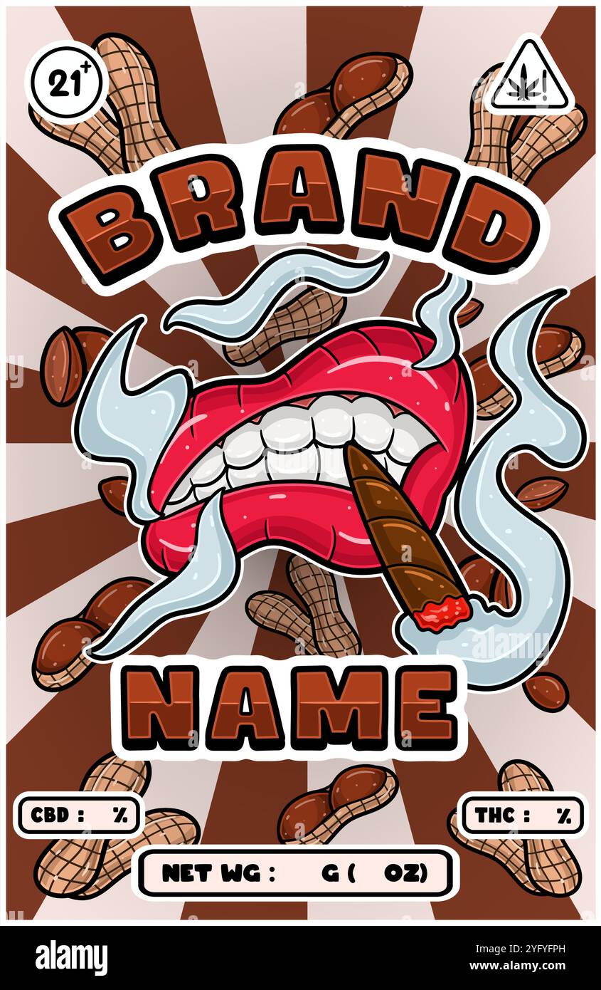 Bocca per fumare cartoni animati con ceppi di arachidi e Smoke for Cannabis and Tobacco Packaging Design. Illustrazioni dei vettori Illustrazione Vettoriale