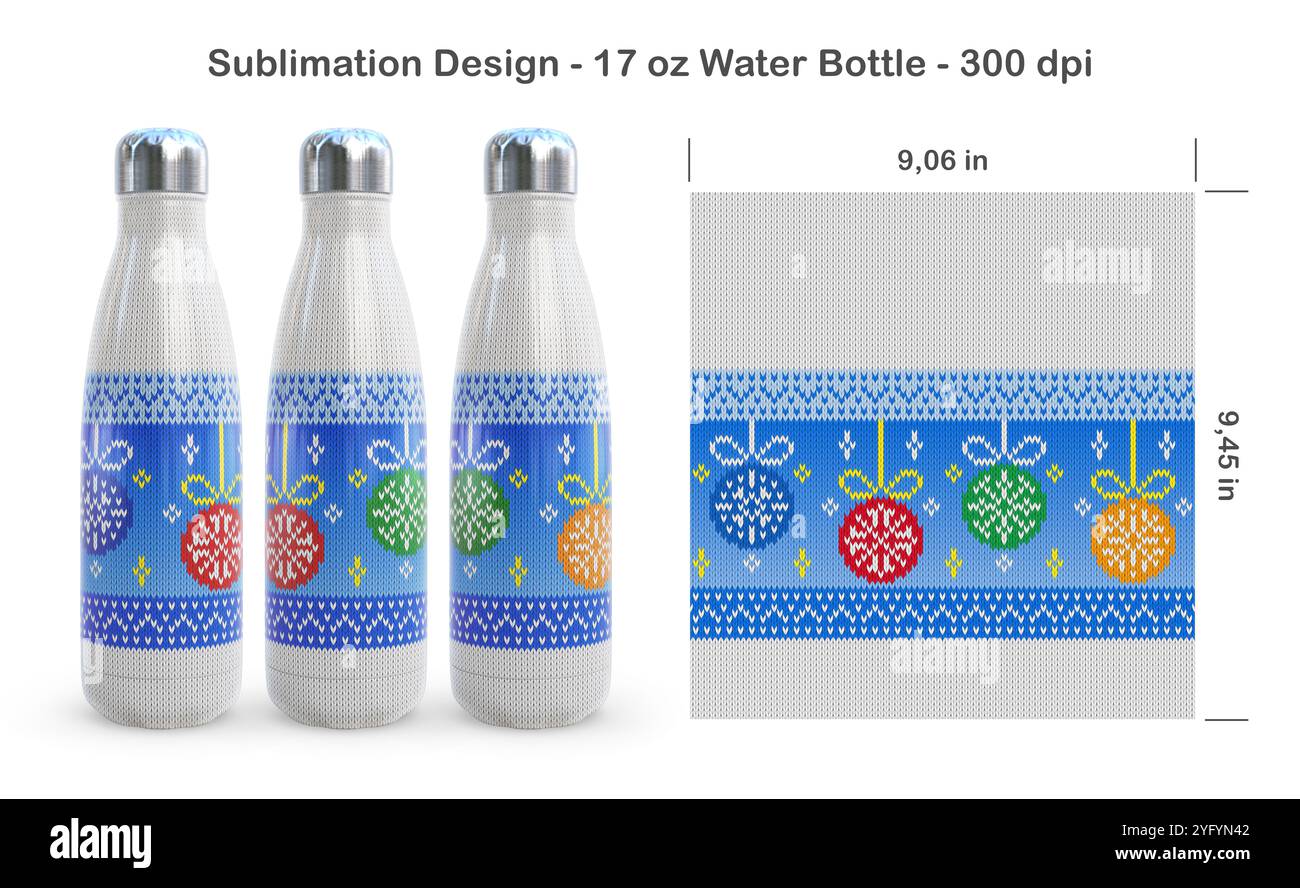 Divertente schema di palle di Natale a maglia. Modello di sublimazione senza cuciture per bottiglia d'acqua da 17 once. Illustrazione della sublimazione. Senza cuciture da bordo a bordo. Foto Stock