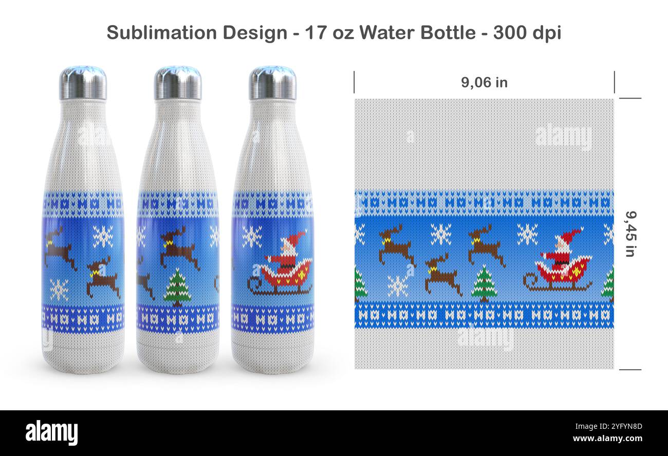 Divertente schema di Babbo Natale a maglia. Modello di sublimazione senza cuciture per bottiglia d'acqua da 17 once. Illustrazione della sublimazione. Foto Stock