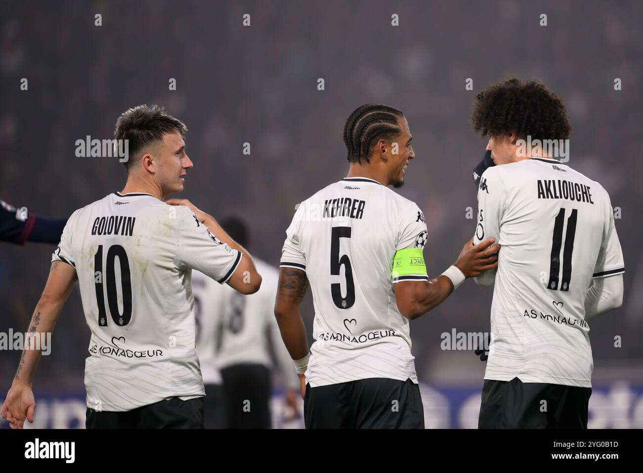 Bologna, Italia. 5 novembre 2024. Thilo Kehrer dell'AS Monaco FC (c) festeggia con Aleksandr Golovin e Maghnes Akliouche dopo aver segnato il gol del 0-1 durante la partita di Champions League tra Bologna FC e AS Monaco FC allo stadio Renato Dall'Ara di Bologna (Italia), 5 novembre 2024. Crediti: Insidefoto di andrea staccioli/Alamy Live News Foto Stock