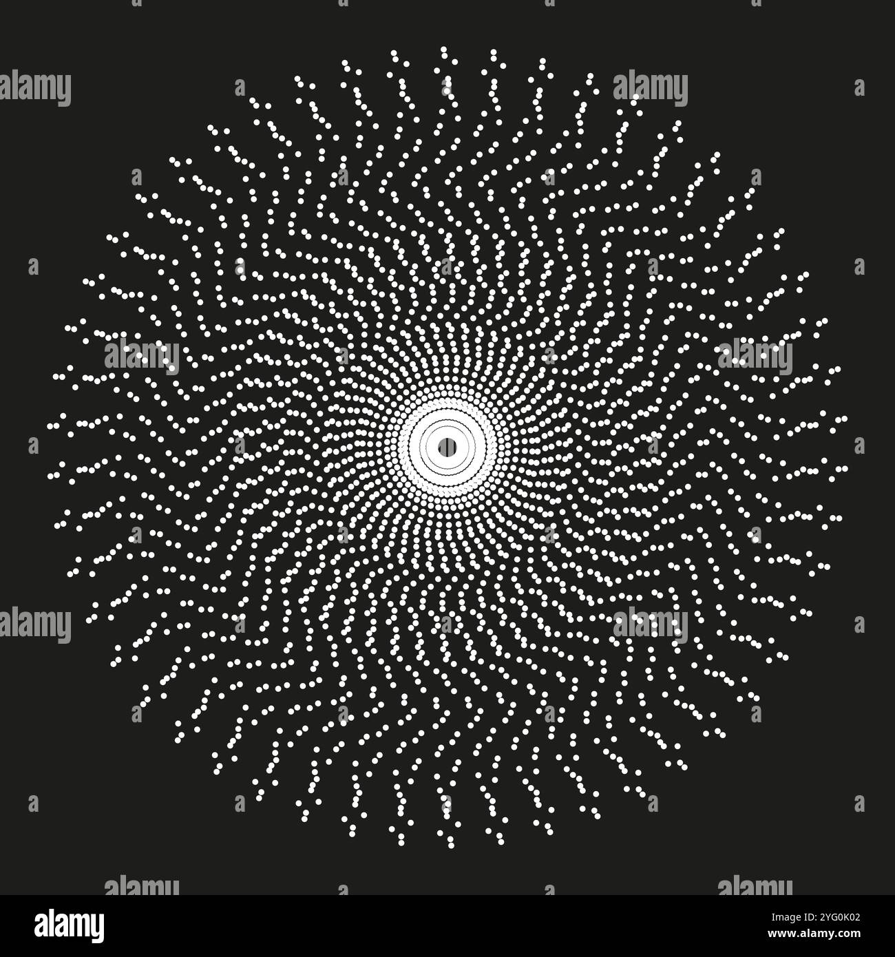 Sequenza di punti a vortice. Design a cerchio concentrico. Icona a spirale astratta. Stile simmetria vettoriale. Illustrazione Vettoriale