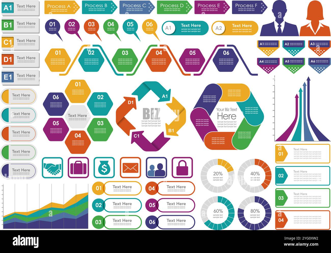 Infografiche, tag e icone aziendali impostate su sfondo bianco. Illustrazione vettoriale. Illustrazione Vettoriale