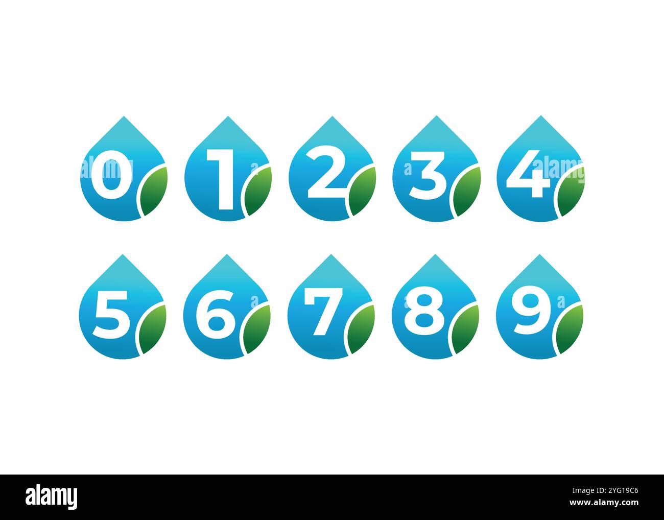 Creativo e innovativo numero da zero a nove e design con logo Drop Leaf. Logo ECO Drop Illustrazione Vettoriale