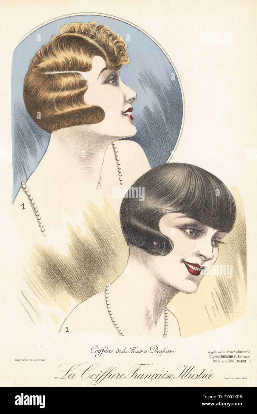 Acconciature alla moda di Maison Desfosse, Parigi, 1925. Modello in cortocircuiti con Marcel Wave e bordi ricci 1. Modello in cortocircuiti con onde sopra le orecchie 2. Coiffures de la Maison Desfosse. Chromolithograph from la Coiffure Francesca Illustrée, rivista francese di parrucchieri a cura di Ulysse Boucoiran, del 33 rue de mail, Parigi, marzo 1925. Foto Stock