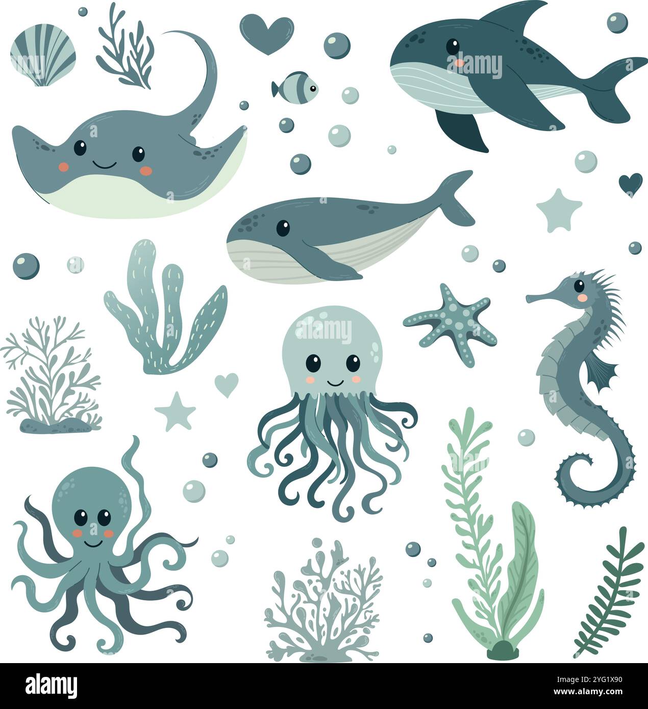 Collezione di illustrazioni vettoriali in stile scandinavo per bambini. Delfino d'Orca delfino granchio meduse pesci polpo squalo tartaruga cavalluccio marino gamberi Illustrazione Vettoriale