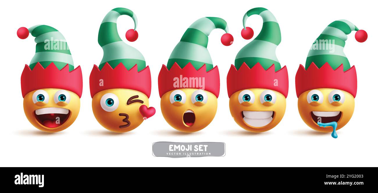 Set vettoriale di personaggi natalizi dell'elfo emoji. Emoticon emoji natalizie in felice, bacio, shock, sorriso carino ed espressioni facciali affamate che indossano verde e rosso Illustrazione Vettoriale