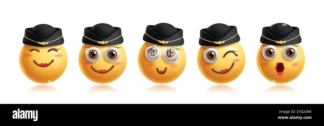 Set vettoriale di caratteri emoticon steward emoticon. Professione di assistente di volo in 3d con emoji in felice, amichevole, cattivo, sciocco, scioccato e sorridente Illustrazione Vettoriale