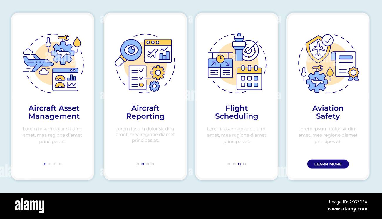 Schermata dell'app mobile onboarding per la gestione dell'aviazione Illustrazione Vettoriale