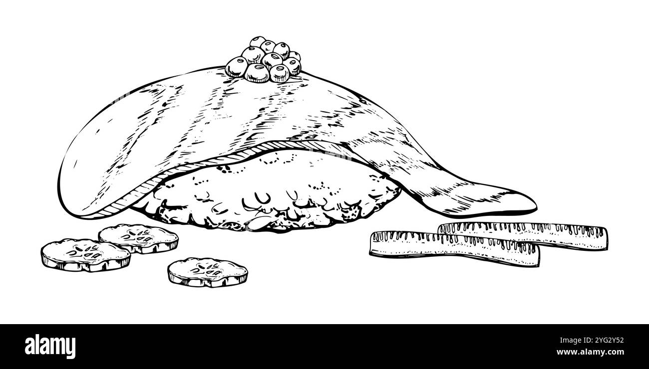 Cibo tradizionale giapponese, sushi nigiri di pesce crudo con palla di riso, gamberi di tonno salmone, condimento al caviale, fette di cetriolo, disegnato a mano con penna vettoriale, inchiostro Illustrazione Vettoriale